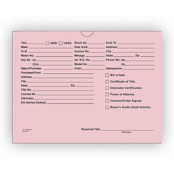 Car Dealer Depot Vhicl Deal Envelopes (Deal Jackets) Printed, 9" X 12", Dsa-546: Pink Pk 514-100